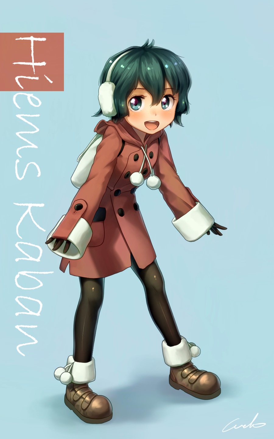 1girl :d alternate_costume commentary_request earmuffs highres kaban_(kemono_friends) kemono_friends open_mouth signature simple_background smile solo welt_(kinsei_koutenkyoku)
