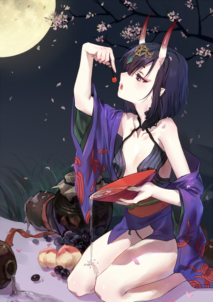 1girl alcohol bare_shoulders blueberry cherry collarbone commentary_request cup fate/grand_order fate_(series) food fruit full_moon holding holding_food horns hujitaumi japanese_clothes kimono moon night night_sky off_shoulder oni oni_horns open_clothes open_kimono outdoors petals print_kimono purple_hair purple_kimono revealing_clothes sakazuki sake seiza short_hair short_kimono shuten_douji_(fate/grand_order) sitting sky solo spilling tree violet_eyes