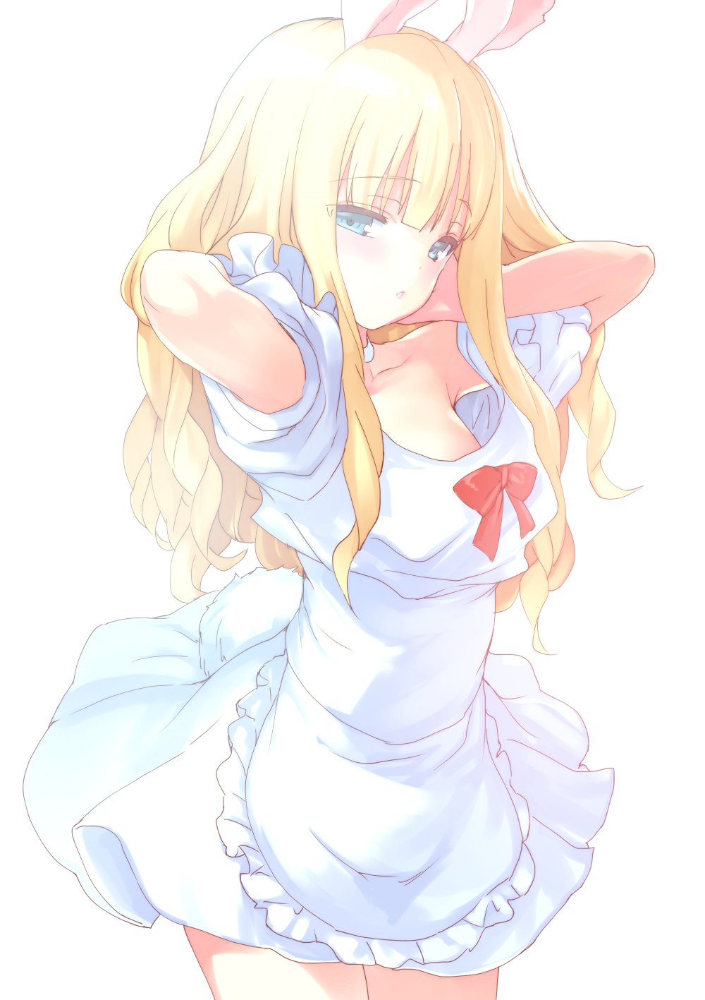 1girl adjusting_hair animal_ears apron arms_behind_head arms_up blonde_hair blue_eyes bunny_tail dress elin_(tera) emily_(pure_dream) hand_on_own_face highres long_hair oversized_clothes rabbit_ears simple_background solo tail tera_online waist_apron white_background white_dress