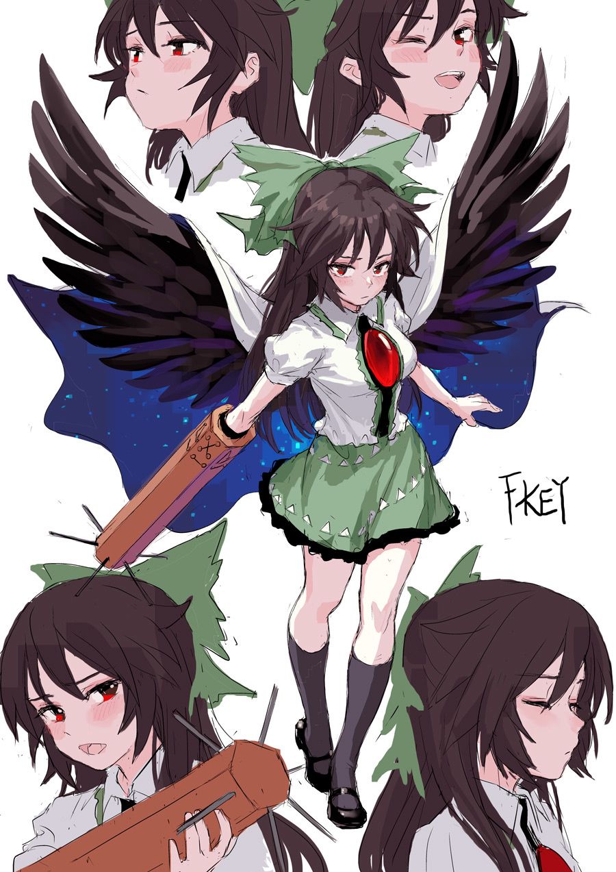 1girl arm_cannon artist_name black_footwear black_hair black_legwear black_wings blush bow breasts cape closed_eyes collared_shirt commentary_request expressions feathered_wings fkey full_body green_bow green_skirt hair_bow highres kneehighs long_hair looking_at_viewer mary_janes medium_breasts miniskirt multiple_views open_mouth puffy_short_sleeves puffy_sleeves red_eyes reiuji_utsuho shirt shoes short_sleeves simple_background skirt smile standing touhou upper_body weapon white_background white_cape white_shirt wings