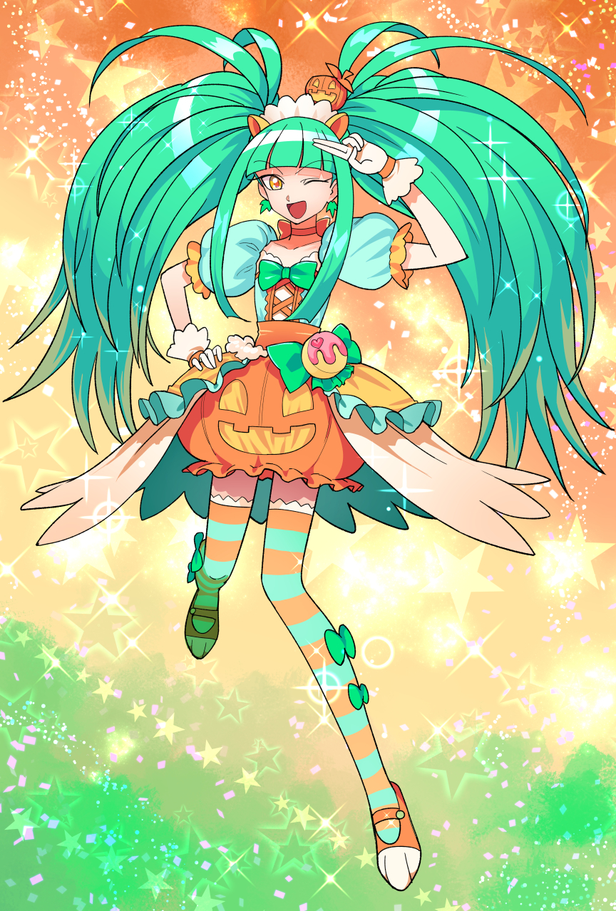 1girl biburi_(precure) choker commentary commentary_request dress earrings extra_ears eyebrows_visible_through_hair gloves green_hair green_shirt hand_on_hip hat highres jewelry kirakira_precure_a_la_mode leaf_earrings long_hair magical_girl one_eye_closed open_mouth orange_eyes orange_skirt precure pumpkin_hat pumpkin_pants salute shirt skirt smile solo star striped striped_legwear supurai thigh-highs twintails two-finger_salute white_gloves
