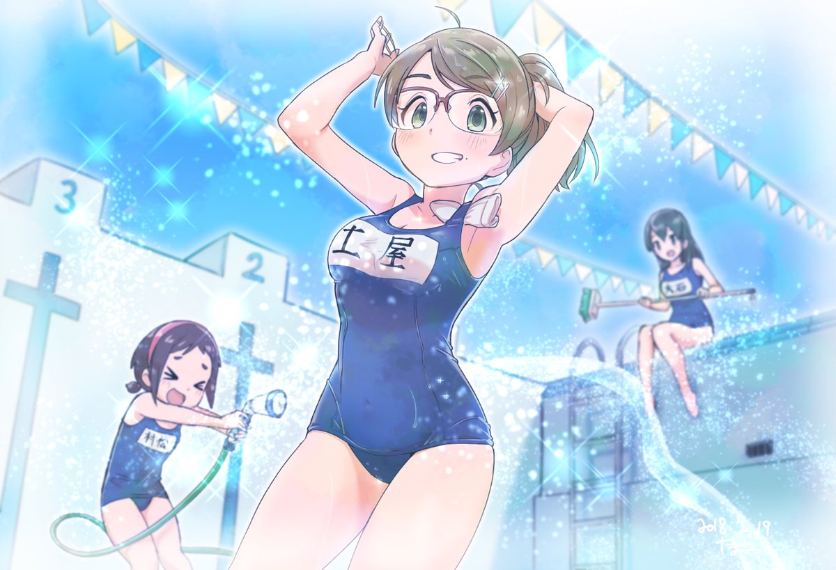 3girls artist_request breasts cue_stick glasses green_eyes hair_ornament hairclip hose idolmaster idolmaster_cinderella_girls long_hair looking_at_viewer medium_breasts mole multiple_girls muramatsu_sakura new_wave ooishi_izumi open_mouth ponytail pool school_swimsuit short_hair short_twintails smile swimsuit tsuchiya_ako twintails