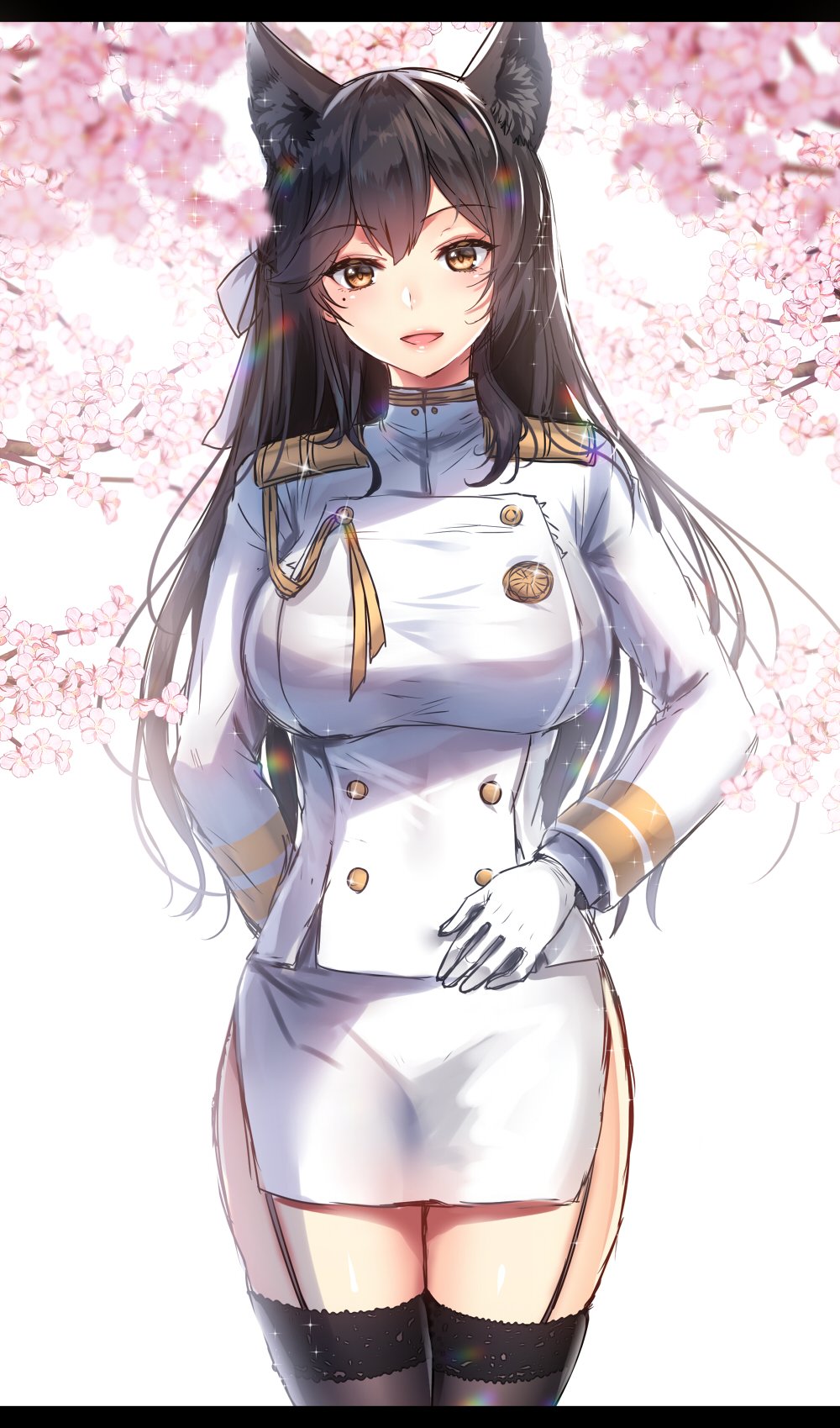 1girl aiguillette animal_ears arm_behind_back atago_(kantai_collection) azur_lane black_legwear blush breasts brown_eyes brown_hair cherry_blossoms commentary_request cowboy_shot eyebrows_visible_through_hair garter_straps gloves hand_on_own_stomach highres large_breasts lens_flare letterboxed long_hair long_sleeves looking_at_viewer military military_uniform miniskirt mole mole_under_eye side_slit skirt solo sparkle spring_(season) standing straight_hair tree_branch tsukiriran uniform very_long_hair white_gloves white_skirt