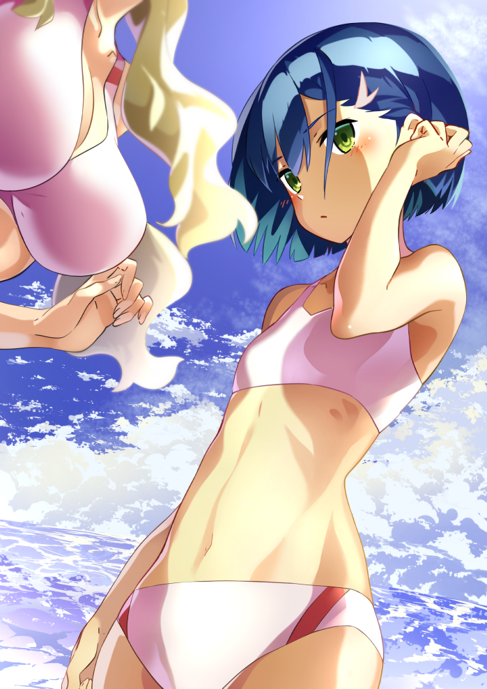 2girls adjusting_hair arm_at_side bangs bikini blonde_hair blue_hair blue_sky blush breast_envy breasts character_request cleavage closed_mouth clouds cloudy_sky commentary_request darling_in_the_franxx day flat_chest green_eyes hair_ornament hairclip hand_up head_out_of_frame ichigo_(darling_in_the_franxx) kokoro_(darling_in_the_franxx) long_hair manatsu_natsuka medium_breasts multiple_girls navel ocean pink_bikini shiny shiny_hair short_hair sky solo_focus stomach swimsuit water