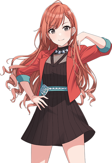 1girl arisugawa_natsuha black_dress black_eyes closed_mouth curly_hair dress earrings idolmaster idolmaster_shiny_colors jacket jewelry long_hair looking_at_viewer necklace official_art red_jacket redhead see-through short_dress solo transparent_background