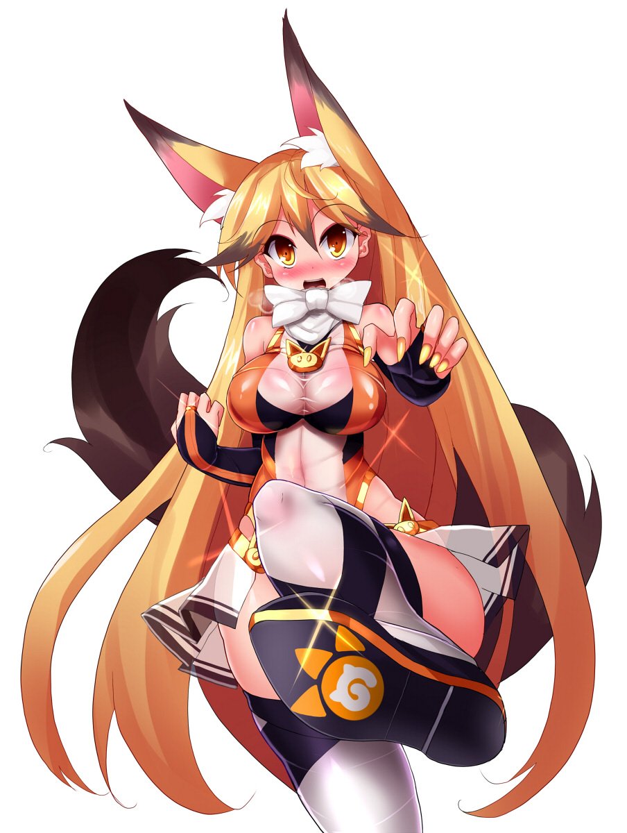 1girl animal_ears bare_shoulders blonde_hair blush boots bow breasts bridal_gauntlets cleavage curvy ezo_red_fox_(kemono_friends) fox_ears fox_tail highres japari_symbol kemono_friends large_breasts leotard long_hair looking_at_viewer nagai_wataru orange_eyes see-through shiny shiny_clothes solo tail thigh-highs thigh_boots very_long_hair white_bow white_neckwear wide_hips