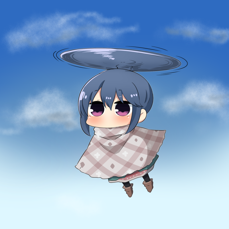 1girl blue_hair blush chibi clouds commentary_request doraemon flying long_hair long_sleeves parody scarf shima_rin solo takecopter twumi violet_eyes yurucamp