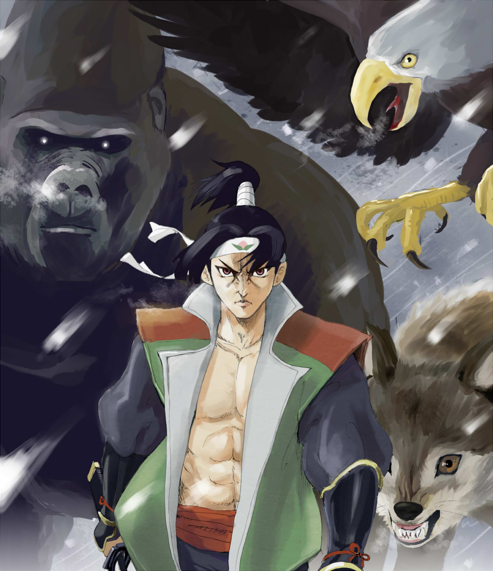 1boy abs animal bandanna bangs bird black_hair brown_eyes bttfghn claws closed_mouth collarbone eagle furrowed_eyebrows gorilla holding holding_sword holding_weapon lips male_focus momotarou momotarou_(character) nose open_clothes open_shirt orange_eyes parted_bangs sash serious sheath sheathed snowing sword tied_hair walking weapon wolf yellow_eyes