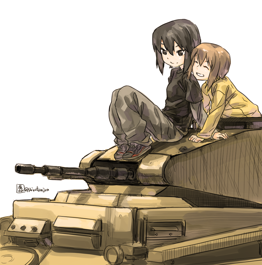 2girls artist_name bangs black_footwear black_shirt brown_eyes brown_hair brown_pants closed_eyes closed_mouth girls_und_panzer grin ground_vehicle long_sleeves military military_vehicle motor_vehicle multiple_girls nishizumi_maho nishizumi_miho pants panzerkampfwagen_ii shirt shoes short_hair short_over_long_sleeves siblings signature simple_background sisters sitting smile sneakers tank tora_jun twitter_username white_background yellow_shirt younger