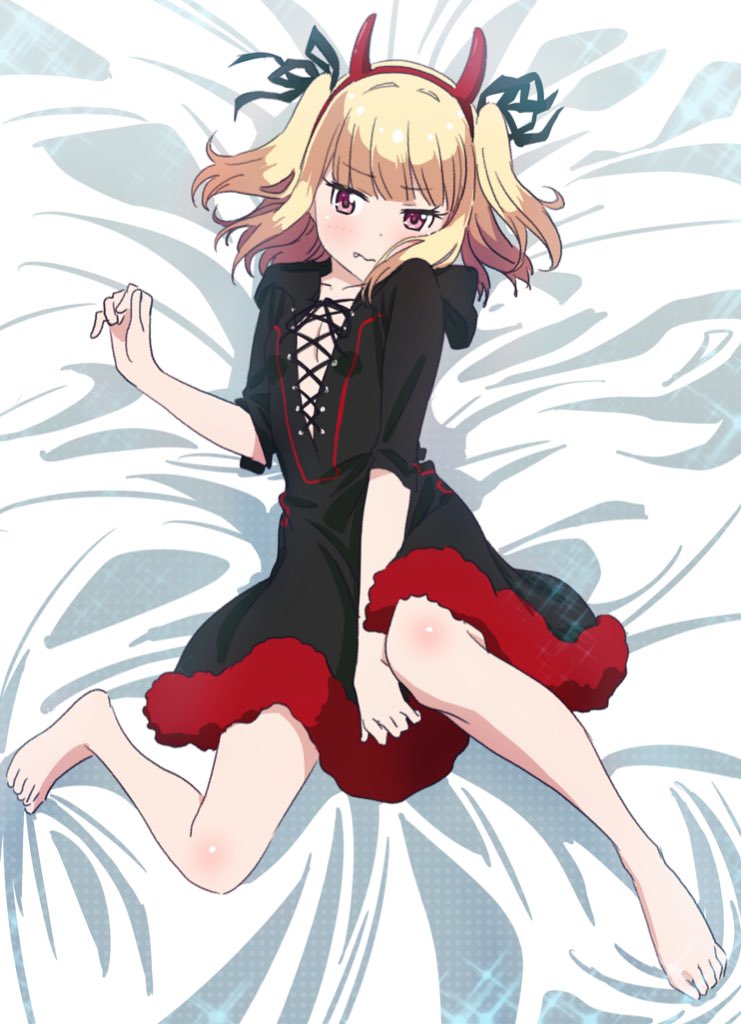 1girl barefoot bed_sheet between_legs black_dress black_ribbon blonde_hair breasts brown_eyes bush cleavage collarbone demon_horns dress eyebrows_visible_through_hair fake_horns fang_out from_above full_body hair_ribbon hairband hand_between_legs horns iijima_yun long_hair looking_at_viewer lying new_game! on_back pink_x red_hairband ribbon shiny shiny_skin small_breasts solo twintails