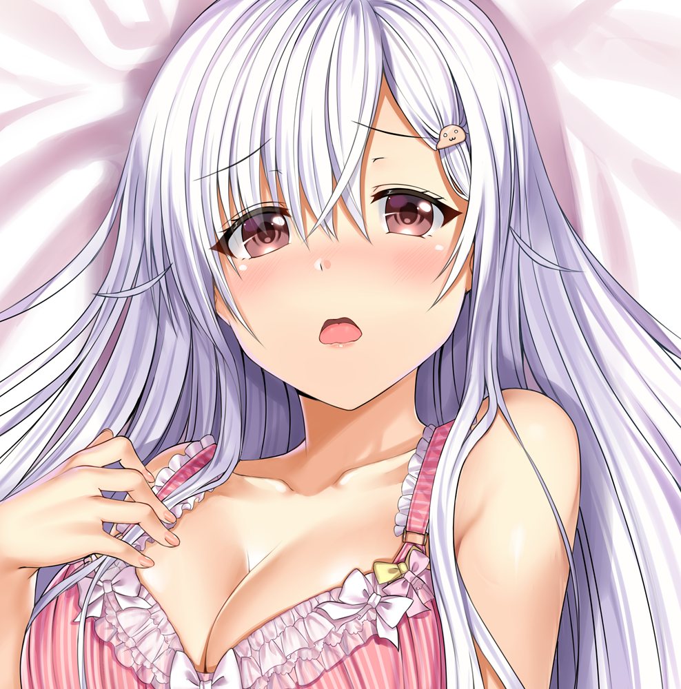 1girl aldehyde bare_shoulders bed_sheet blush bow bow_bra bra breasts cleavage close-up collarbone dakimakura eyebrows_visible_through_hair eyes_visible_through_hair frilled_bra frills hair_between_eyes hair_ornament hairclip large_breasts long_hair looking_at_viewer lying neeko nose_blush on_back open_mouth original pink_bra red_eyes silver_hair solo underwear upper_body white_bow