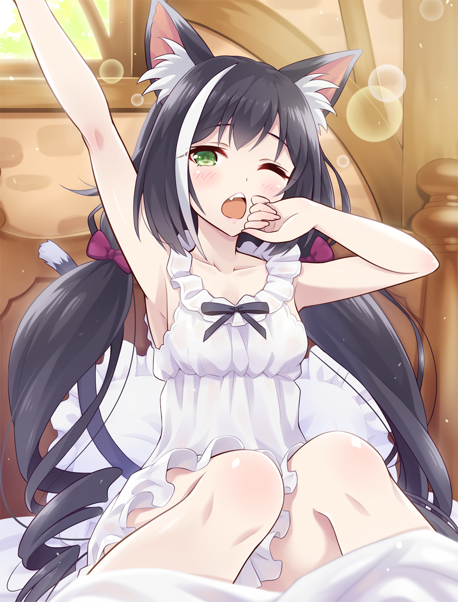 1girl animal_ears arm_up armpits bangs bare_arms bare_shoulders black_hair blurry blurry_foreground blush bow cat_ears cat_tail character_request collarbone commentary_request depth_of_field drill_hair eyebrows_visible_through_hair fang frilled_pillow frills green_eyes hair_bow highres indoors lens_flare long_hair looking_at_viewer low_twintails multicolored_hair one_eye_closed open_mouth pajamas pillow princess_connect! purple_bow sitting sleepy sleeveless solo streaked_hair tail twintails two-tone_hair urabi_(tomatohouse) very_long_hair waking_up white_hair white_pajamas yawning