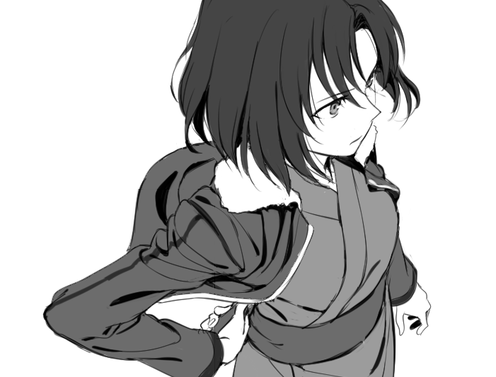 1girl jacket japanese_clothes kara_no_kyoukai kimono kinosuke_(sositeimanoga) knife_behind_back short_hair