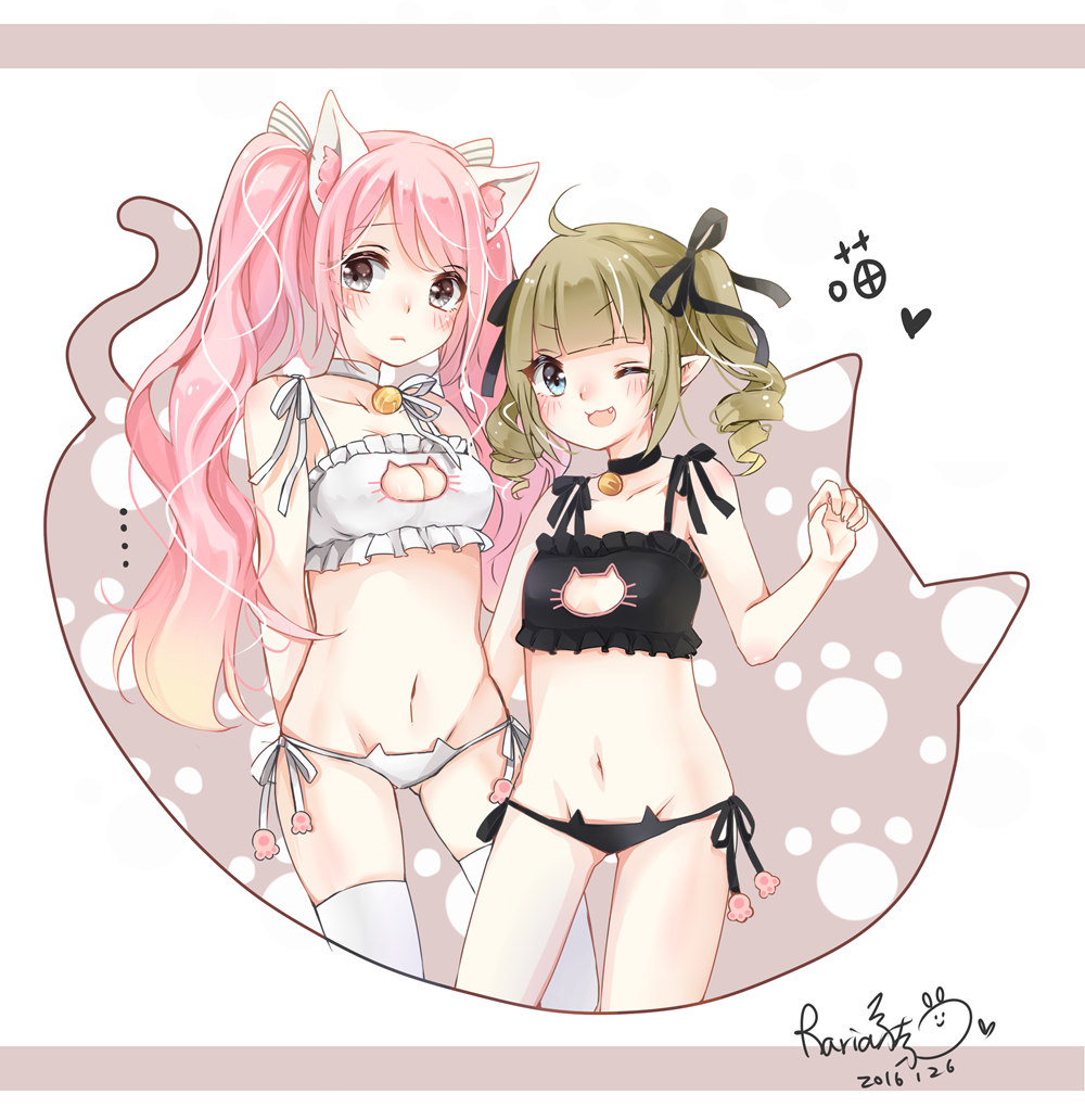 2girls ;3 ;d animal_ears bangs bare_arms bare_shoulders bell bell_choker black_bra black_choker black_panties black_ribbon blunt_bangs blush bow bra breasts brown_hair cat_cutout cat_ear_panties cat_ears cat_lingerie choker cleavage_cutout closed_mouth collarbone commentary_request dated eyebrows_visible_through_hair fang frilled_bra frills grey_hair groin hair_bow hair_ribbon heart jingle_bell long_hair looking_at_viewer lowleg lowleg_panties medium_breasts meme_attire multiple_girls nana_(koadenium1) navel one_eye_closed open_mouth original panties pink_hair ribbon ringlets side-tie_panties sidelocks signature small_breasts smile striped striped_bow twintails underwear very_long_hair white_bow white_bra white_choker white_panties