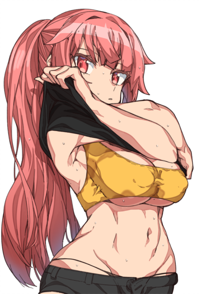 1girl armpits black_panties bra breasts cleavage erect_nipples erere girls_frontline groin long_hair looking_at_viewer navel panties parted_lips pink_eyes pink_hair shorts simple_background solo sports_bra sweat under_boob underwear very_long_hair white_background yellow_bra