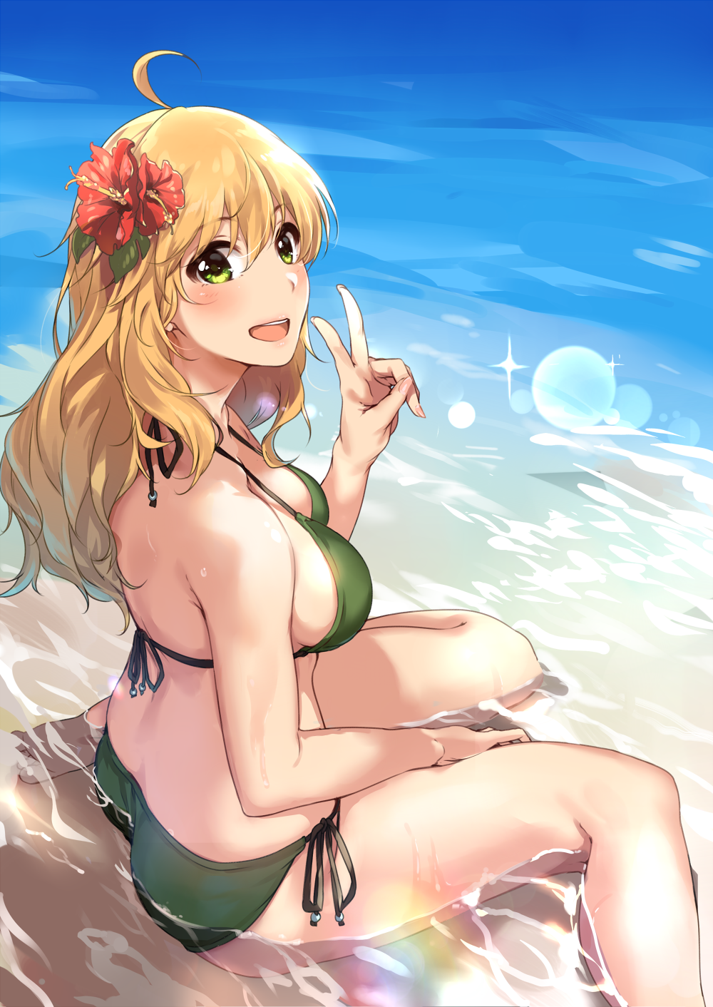 1girl :d ahoge bare_arms bare_legs bare_shoulders barefoot between_legs bikini blush breasts cleavage collarbone commentary_request eyebrows eyebrows_visible_through_hair fingernails flower green_bikini green_ribbon hair_between_eyes hair_flower hair_ornament hand_between_legs hand_gesture hibiscus highres hoshii_miki idolmaster idolmaster_(classic) kurokin long_fingernails long_hair looking_at_viewer looking_to_the_side medium_breasts ocean open_mouth partially_submerged ribbon side-tie_bikini sideboob sitting smile solo strap_gap swimsuit v wariza water