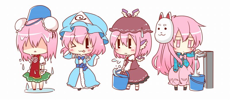 4girls aqua_kimono blouse blue_bow blue_shirt bow bowtie brown_hat brown_skirt bubble_skirt bucket carrying chibi closed_mouth commentary_request double_bun eyes_visible_through_hair faucet full_body green_skirt hat hata_no_kokoro ibaraki_kasen juliet_sleeves kapuchii long_hair long_sleeves mask mask_on_head mob_cap multiple_girls mystia_lorelei pink_bow pink_hair pink_skirt plaid plaid_shirt puffy_short_sleeves puffy_sleeves saigyouji_yuyuko shaded_face shirt short_hair short_sleeves skirt skirt_set standing sweatdrop tabard tongue tongue_out touhou triangle_mouth triangular_headpiece water wet white_background white_blouse white_shirt wide_sleeves winged_hat