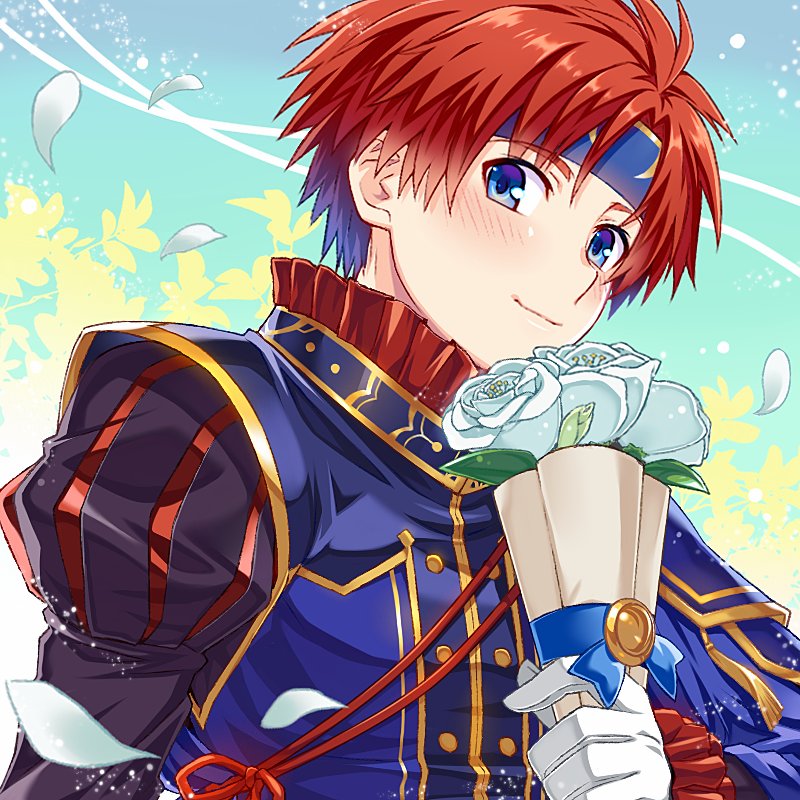 1boy blue_eyes blush fire_emblem fire_emblem:_fuuin_no_tsurugi fire_emblem_heroes gift headband looking_at_viewer male_focus redhead roy_(fire_emblem) short_hair smile solo