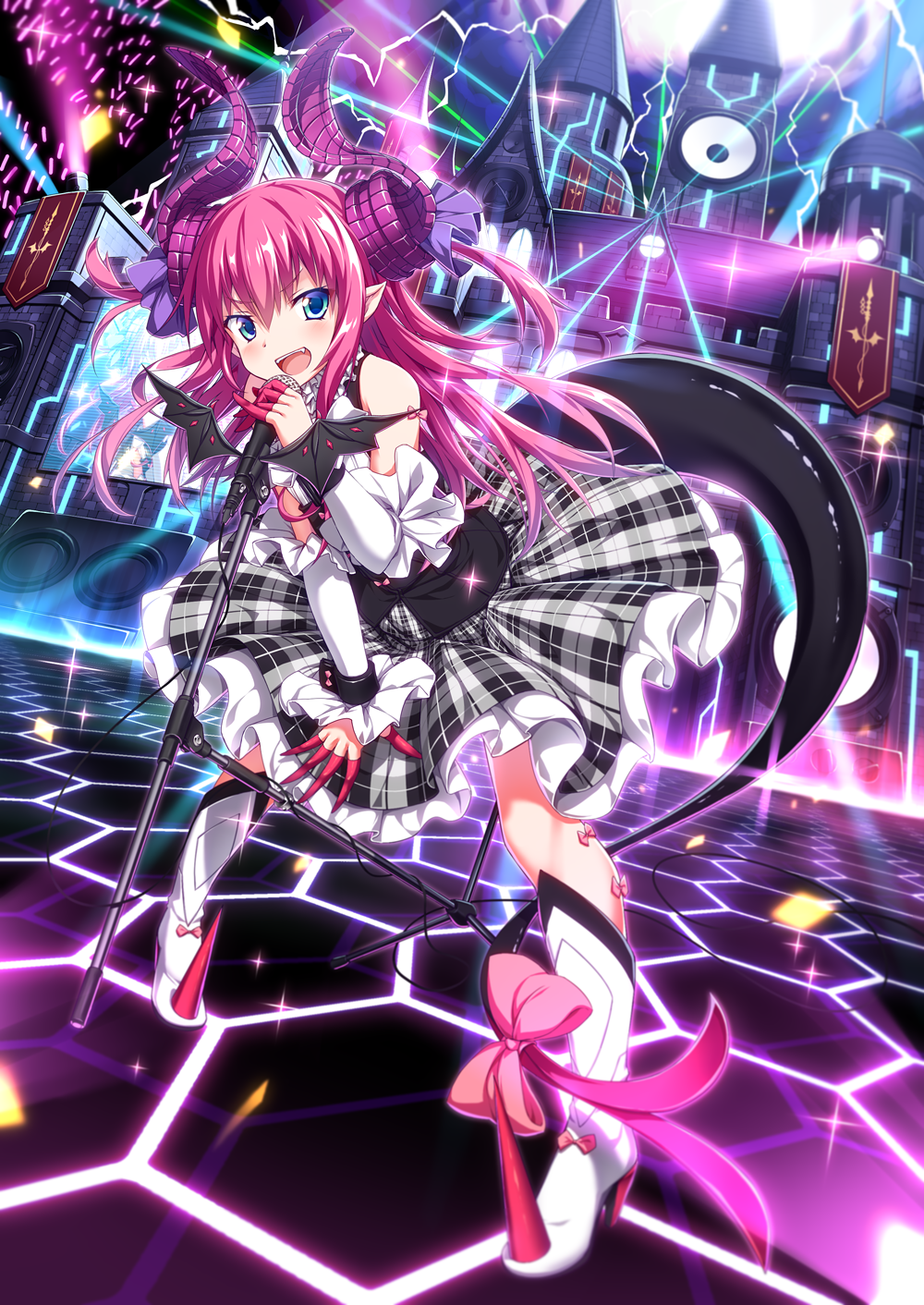 1girl :d bangs banner bare_shoulders bat_wings black_skirt blue_eyes blush boots bow castle commentary_request corset curled_horns detached_sleeves dragon_girl dragon_horns dragon_tail elizabeth_bathory_(fate) elizabeth_bathory_(fate)_(all) eyebrows_visible_through_hair fang fate/grand_order fate_(series) floating_hair full_body glowing glowstick hair_between_eyes high_heel_boots high_heels highres holding holding_microphone horns knee_boots leaning_forward legs_apart light lightning long_hair looking_at_viewer microphone microphone_stand monitor motion_blur open_mouth pink_bow pink_hair plaid plaid_skirt pointy_ears shiny shiny_hair shirt shoe_bow shoes sidelocks skirt sleeveless sleeveless_shirt smile solo sparkle speaker spotlight stage standing tail tail_bow two_side_up ugume v-shaped_eyebrows white_footwear white_shirt wings