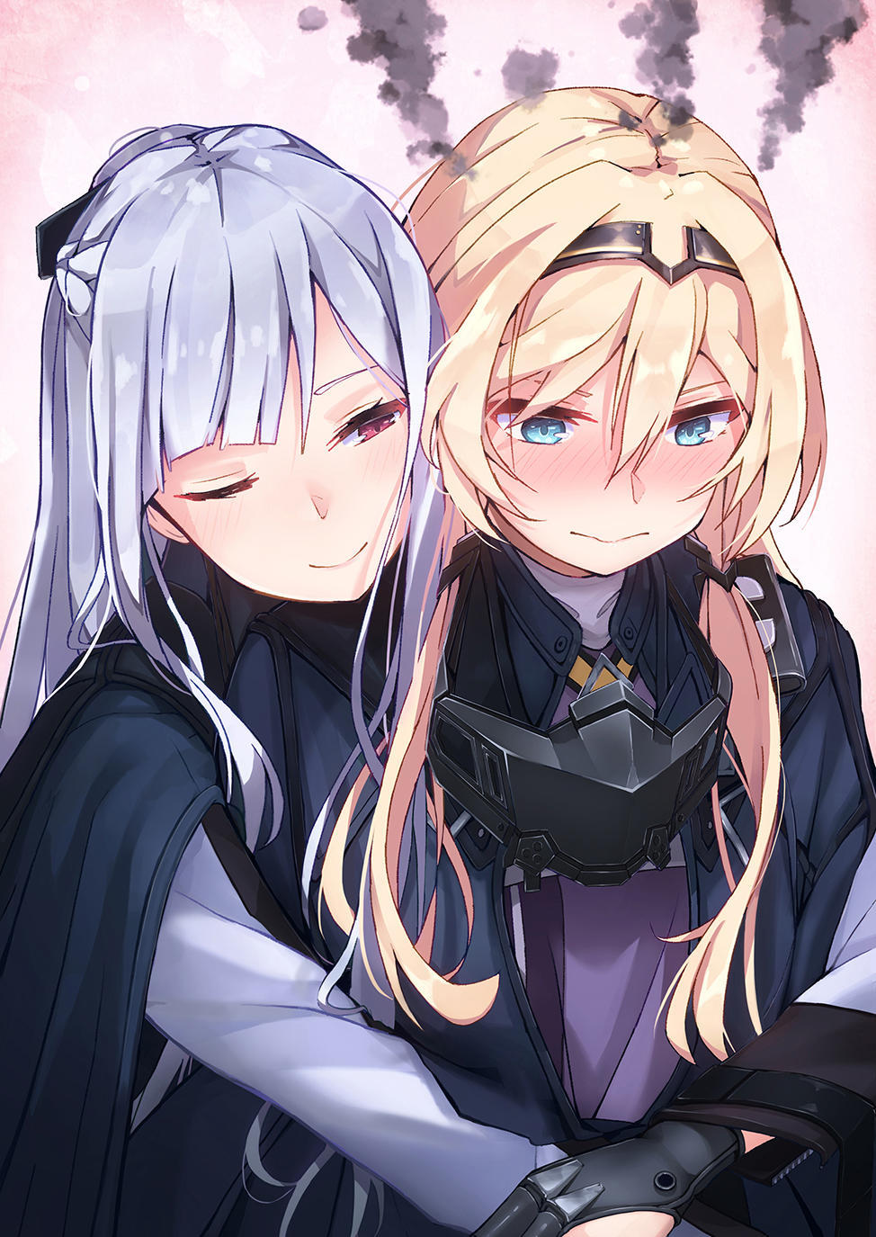 2girls ak-12_(girls_frontline) an-94_(girls_frontline) blonde_hair blue_eyes blush closed_mouth embarrassed face_mask girls_frontline gloves grey_hair hairband highres hug hug_from_behind long_hair looking_at_another looking_away looking_down mask mask_removed multiple_girls one_eye_closed pot-palm red_eyes silver_hair smile smoke tagme upper_body yuri