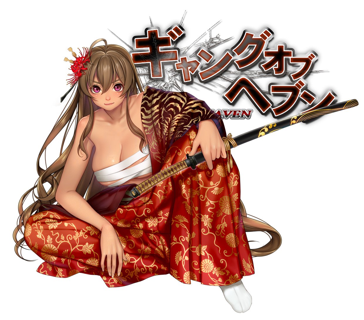 1girl animal_print bangs breasts brown_hair cleavage collarbone commentary dark_skin eyebrows_visible_through_hair fingernails full_body gang_of_heaven hair_ornament holding japanese_clothes katana large_breasts lips logo masami_chie official_art sarashi sheath sheathed simple_background sitting smile solo sword tabi tiger violet_eyes weapon white_background