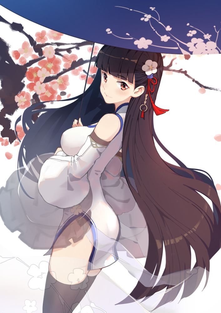 1girl azur_lane bangs bare_shoulders black_legwear blunt_bangs breasts byakuya_reki cherry_blossoms china_dress chinese_clothes closed_mouth commentary_request detached_sleeves dress eyebrows_visible_through_hair flower from_behind hair_flower hair_ornament holding holding_umbrella long_hair long_sleeves looking_back medium_breasts oriental_umbrella petals red_eyes short_dress side_slit smile solo standing tassel thigh-highs umbrella very_long_hair white_dress wide_sleeves yat_sen_(azur_lane)