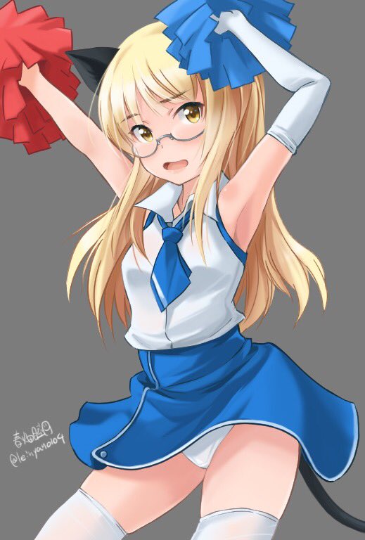 1girl alternate_costume animal_ears artist_name bangs blonde_hair blue_neckwear blue_skirt cat_ears cat_tail cheerleader collared_shirt commentary_request cowboy_shot elbow_gloves eyebrows_visible_through_hair glasses gloves grey_background haruhata_mutsuki high-waist_skirt holding long_hair looking_at_viewer necktie open_mouth panties pantyshot pantyshot_(standing) perrine_h_clostermann pom_poms semi-rimless_eyewear shirt signature simple_background single_glove skindentation skirt sleeveless sleeveless_shirt solo standing strike_witches tail thigh-highs twitter_username under-rim_eyewear underwear white_gloves white_legwear white_panties white_shirt world_witches_series yellow_eyes