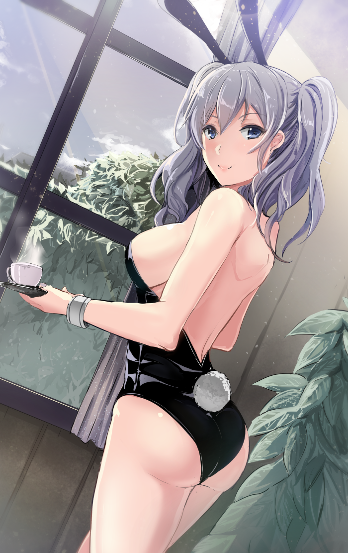1girl alternate_costume animal_ears ass bangs bare_shoulders black_leotard breasts bunny_tail bunnysuit bush closed_mouth cowboy_shot cup curtains day dutch_angle eyebrows_visible_through_hair fake_animal_ears fake_tail from_side gin'ichi_(akacia) holding indoors kantai_collection kashima_(kantai_collection) large_breasts leotard lips long_hair no_hat no_headwear plant potted_plant rabbit_ears saucer shiny shiny_clothes shiny_hair shiny_skin shoulder_blades sideboob silver_hair smile solo standing steam tail teacup thighs wavy_hair window wrist_cuffs