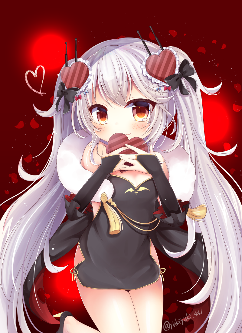 1girl azur_lane bangs bare_shoulders black_bow black_dress black_footwear blue_bow blush bow box breasts bridal_gauntlets brown_eyes china_dress chinese_clothes closed_mouth commentary_request dress eyebrows_visible_through_hair fang fang_out gift gift_box hair_bow hair_ornament heart heart-shaped_box heart_hair_ornament high_heels holding holding_gift long_hair looking_at_viewer petals red_background red_bow short_dress silver_hair sleeveless sleeveless_dress small_breasts smile solo twintails vampire_(azur_lane) very_long_hair yukiyuki_441