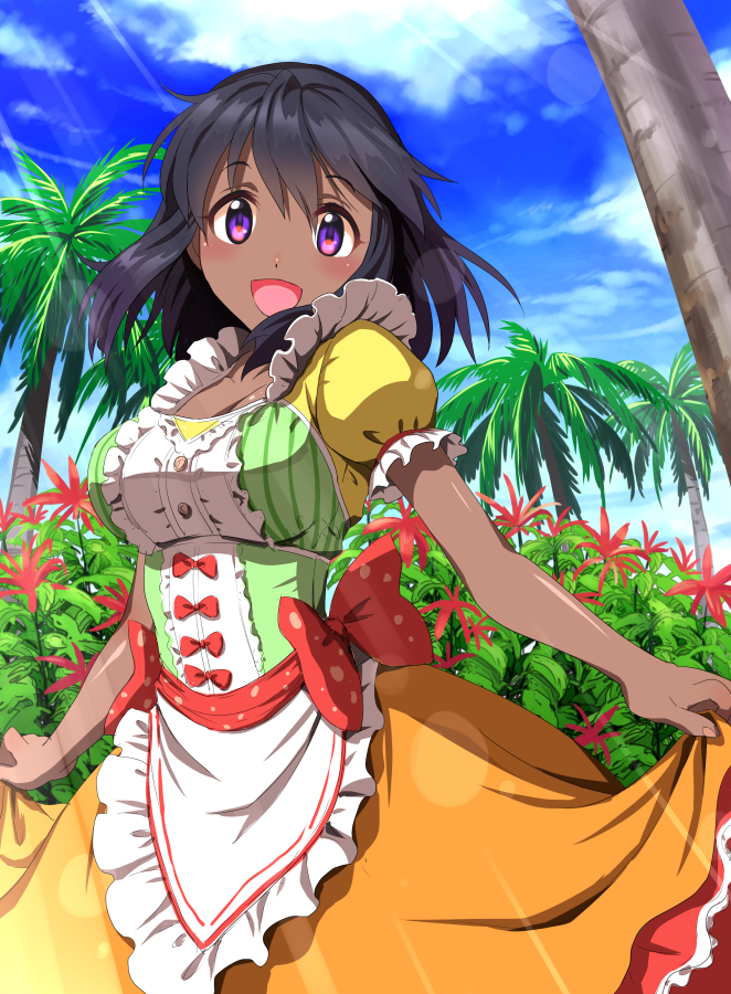 1girl :d apron bangs black_hair blue_sky blush bow breasts bush center_frills cleavage clouds dark_skin day dirndl dress eyebrows_visible_through_hair frilled_apron frilled_sleeves frills german_clothes horizon idolmaster idolmaster_cinderella_girls lens_flare light_rays long_hair looking_at_viewer mashou_boy medium_breasts multicolored multicolored_clothes multicolored_dress natalia_(idolmaster) open_mouth outdoors palm_tree puffy_short_sleeves puffy_sleeves red_bow short_sleeves skirt_hold sky smile solo summer sunbeam sunlight tareme tree violet_eyes waist_apron white_apron