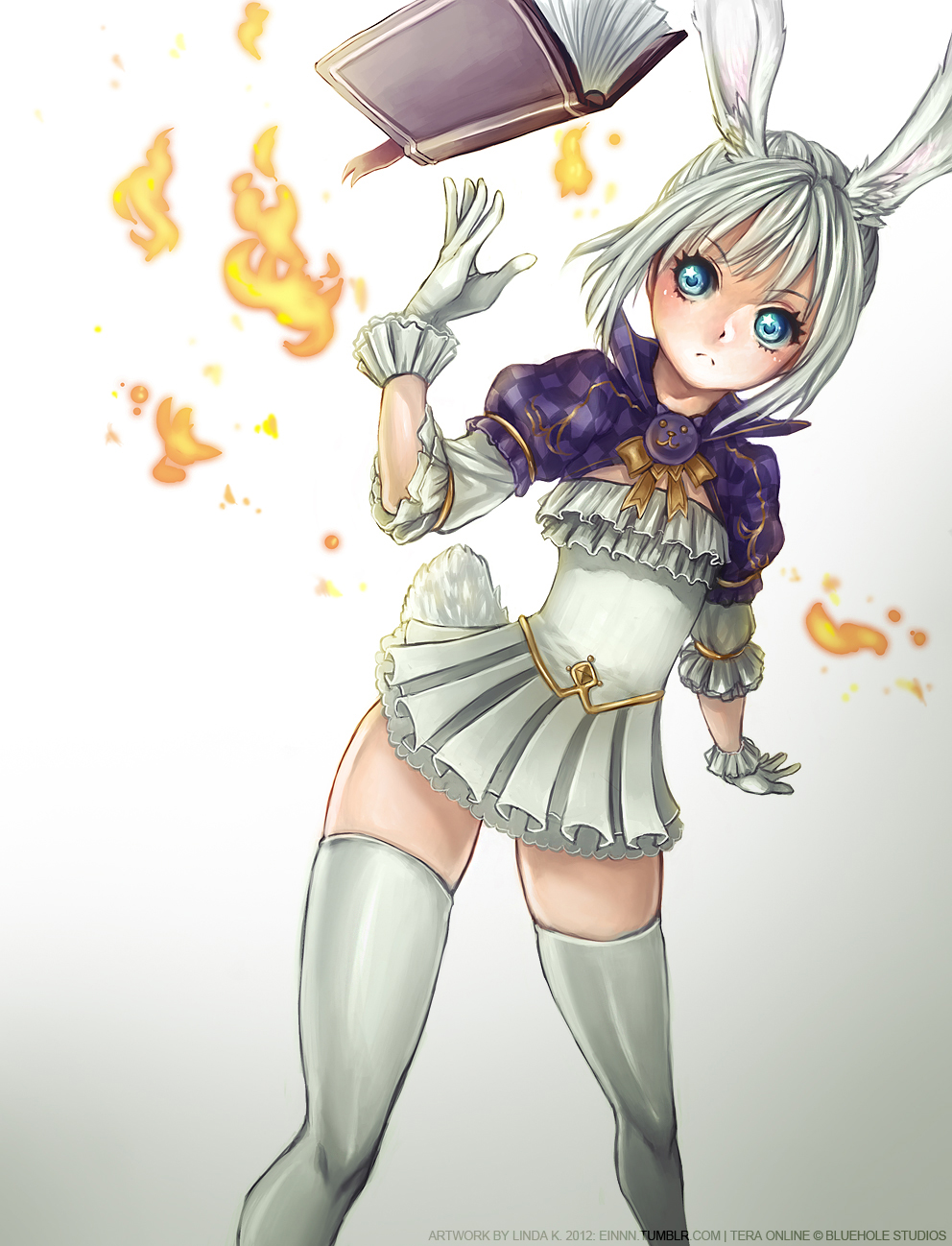 1girl animal_ears arm_up artist_name blue_eyes book bunny_tail dress einnn elin_(tera) fire gloves highres magic outstretched_arm pleated_dress rabbit_ears short_dress short_hair silver_hair solo tail tera_online thigh-highs watermark white_dress white_gloves white_legwear zettai_ryouiki
