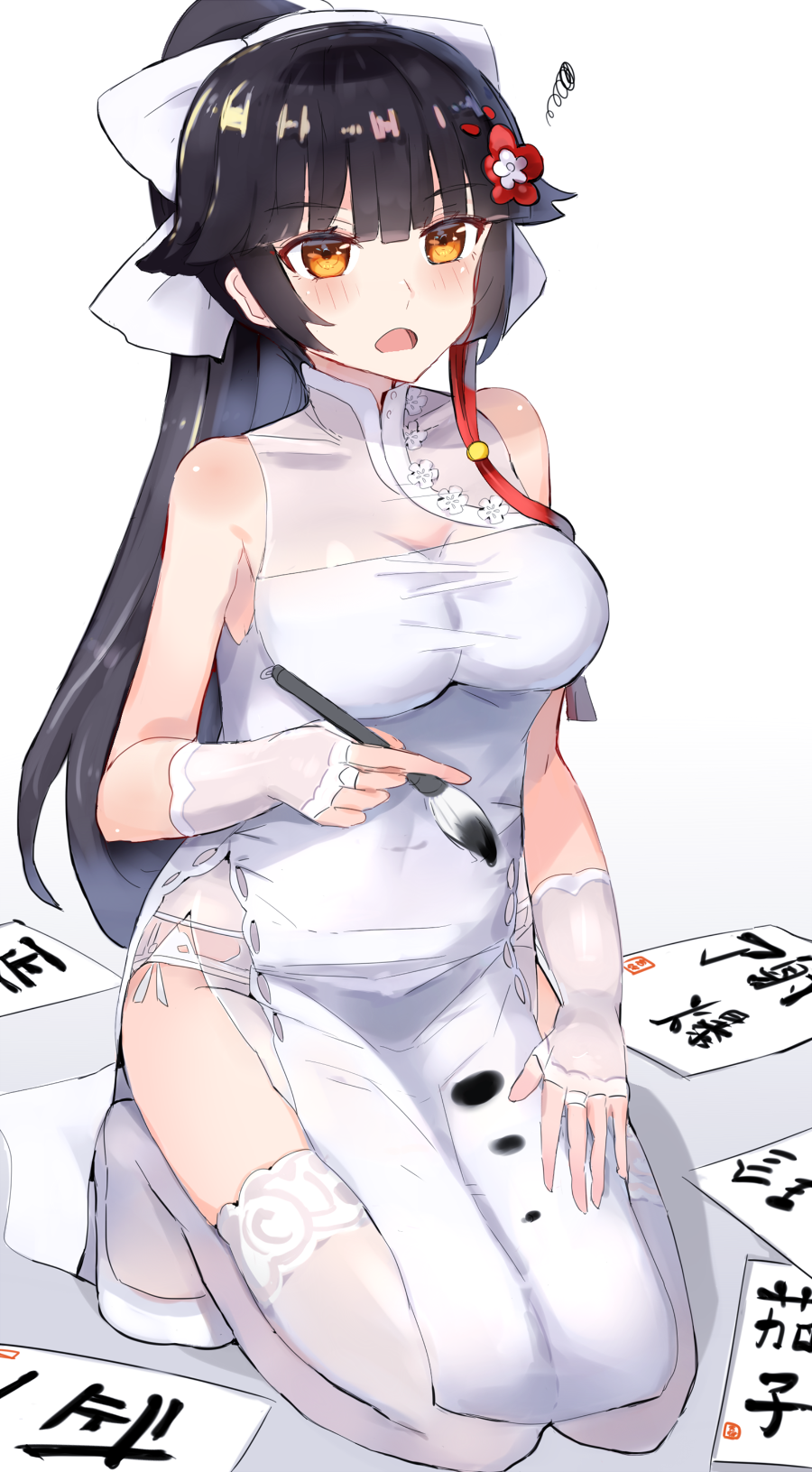 1girl :o azur_lane bangs bare_shoulders black_hair blunt_bangs bow breasts calligraphy_brush china_dress chinese_clothes cleavage dirty_clothes dress eyebrows_visible_through_hair failure fingerless_gloves flower full_body gloves hair_bow hair_flower hair_ornament highres holding_brush long_hair medium_breasts open_mouth orange_eyes paintbrush panties panty_peek paper pelvic_curtain ponytail see-through seiza shiny shiny_hair shoes sitting sleeveless sleeveless_dress solo squiggle takao_(azur_lane) thigh-highs underwear very_long_hair white_background white_bow white_dress white_footwear white_gloves white_legwear white_panties xenonstriker