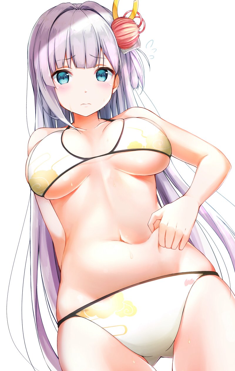 1girl azur_lane bangs bare_arms bare_shoulders bikini blue_eyes blunt_bangs breasts breasts_apart closed_mouth collarbone cowboy_shot dutch_angle eyebrows_visible_through_hair flower flying_sweatdrops frown gluteal_fold hair_flower hair_ornament highres large_breasts long_hair looking_down na53 navel raised_eyebrows shoukaku_(azur_lane) silver_hair simple_background solo standing stomach straight_hair swimsuit thigh_gap under_boob very_long_hair weight_conscious white_background yellow_bikini