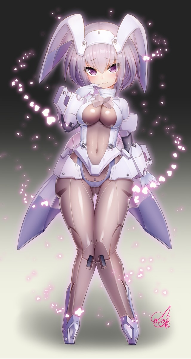 1girl bangs blush bodysuit breasts character_request commentary_request covered_navel desktop_army doyouwantto eyebrows_visible_through_hair eyelashes full_body gloves gluteal_fold hair_between_eyes heart highres knees_together_feet_apart large_breasts looking_at_viewer robot_joints silver_hair skin_tight solo standing thigh_gap violet_eyes white_gloves