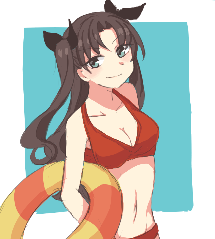 1girl belly_button bikini black_hair blue_background blue_eyes fate/stay_night fate_(series) innertube long_hair looking_at_viewer pixiv red_bikini satsuki_(pixiv_id_8336302) smug solo tohsaka_rin