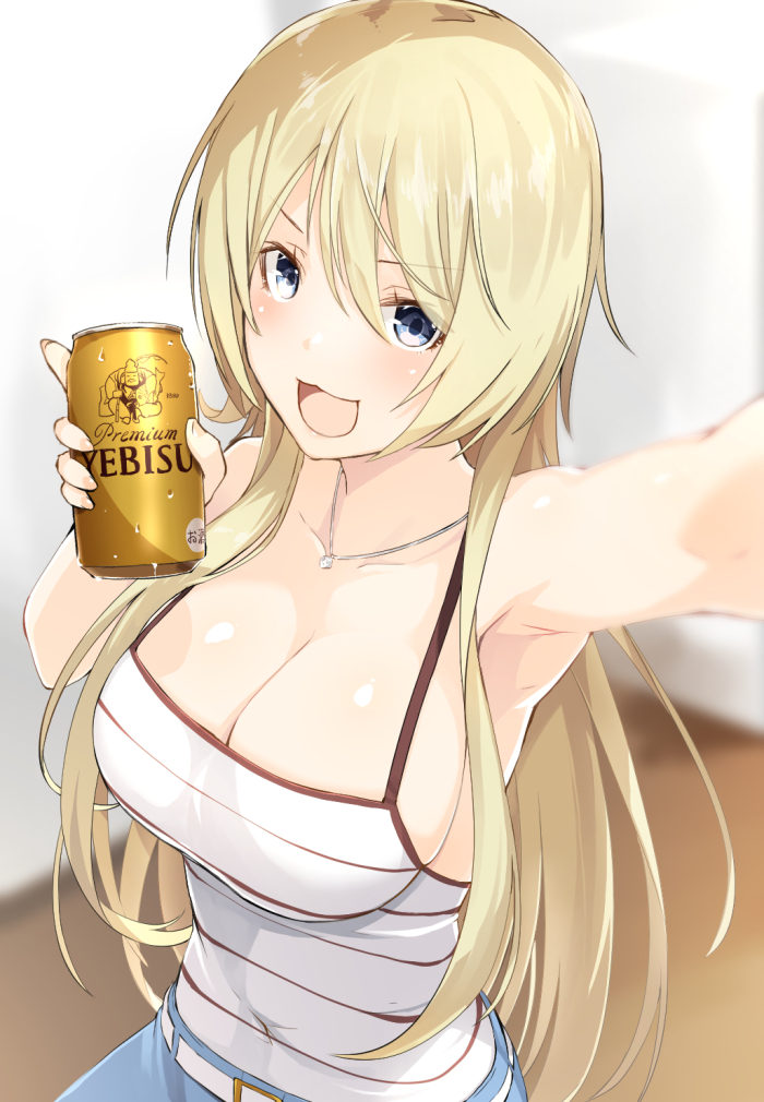 1girl :3 :d arm_up armpits bangs bare_shoulders beer_can belt belt_buckle blonde_hair blue_eyes blurry blurry_background blush breasts buckle camisole can cleavage collarbone commentary_request covered_navel depth_of_field eyebrows_visible_through_hair foreshortening holding indoors jewelry kiriyama_nao large_breasts long_hair meth_(emethmeth) necklace open_mouth outstretched_arm pendant self_shot shiny shiny_skin sleeveless smile soda_can solo straight_hair takunomi. upper_body v-shaped_eyebrows very_long_hair water_drop yebisu