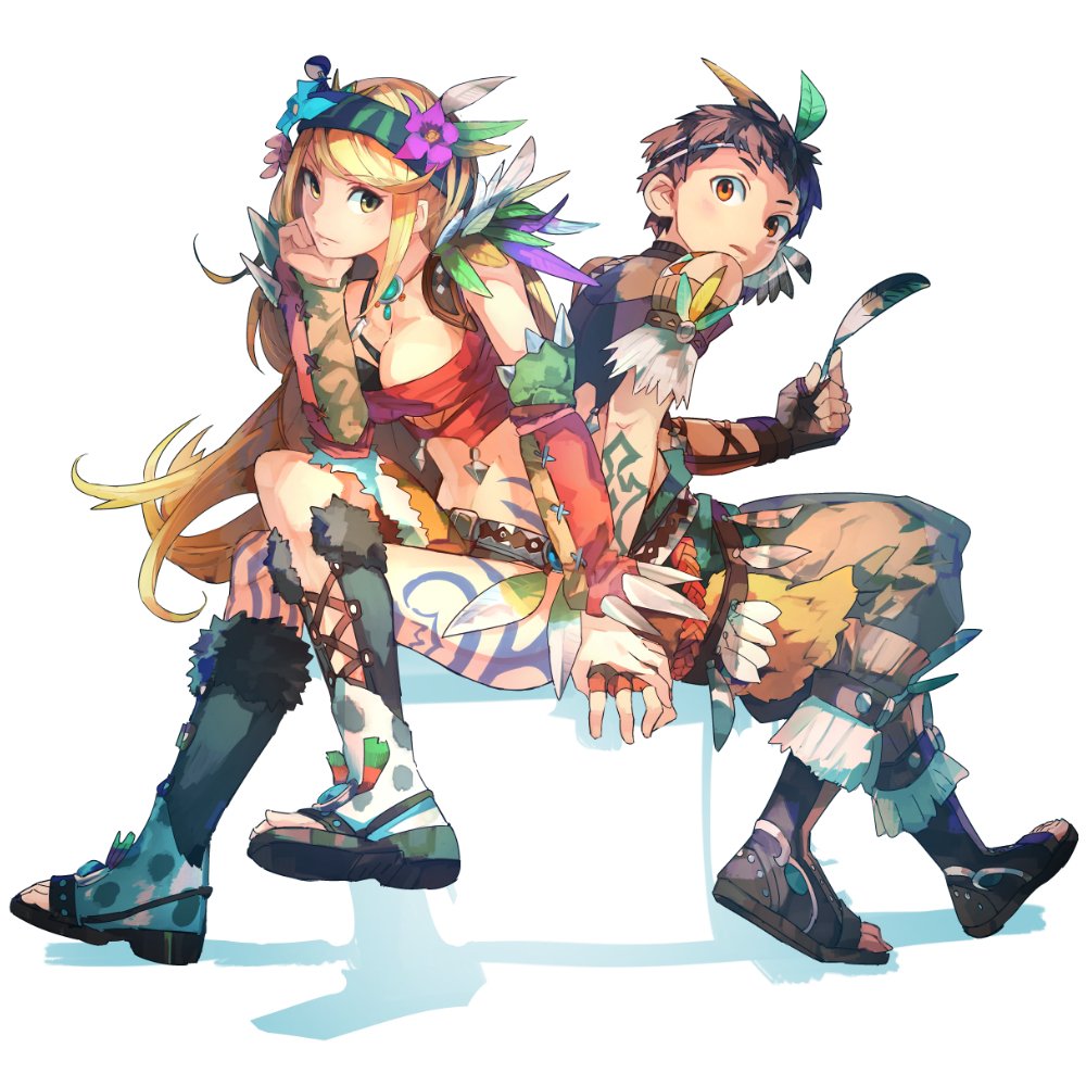 1boy 1girl bare_shoulders blonde_hair blush breasts brown_hair cleavage earrings feathers geetgeet gloves hair_feathers hand_holding headband mythra_(xenoblade) jewelry large_breasts long_hair looking_at_viewer pointy_ears rex_(xenoblade_2) seiken_densetsu seiken_densetsu_2 short_hair simple_background smile white_background xenoblade xenoblade_2 yellow_eyes