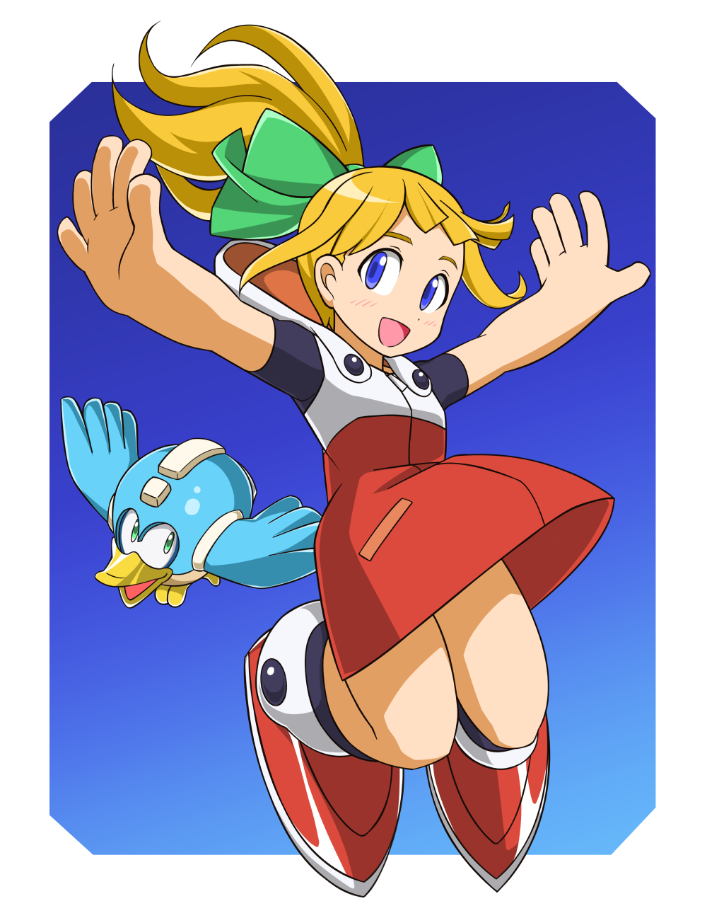 1girl atonamu beak beat_(rockman) bird blonde_hair blue_eyes bow capcom child flying full_body green_bow hair_bow hair_ornament high_ponytail highres hood hoodie hoodie_dress jumping long_hair looking_to_the_side mechanical_bird open_mouth outstretched_arms ponytail rockman rockman_(classic) rockman_11 roll smile