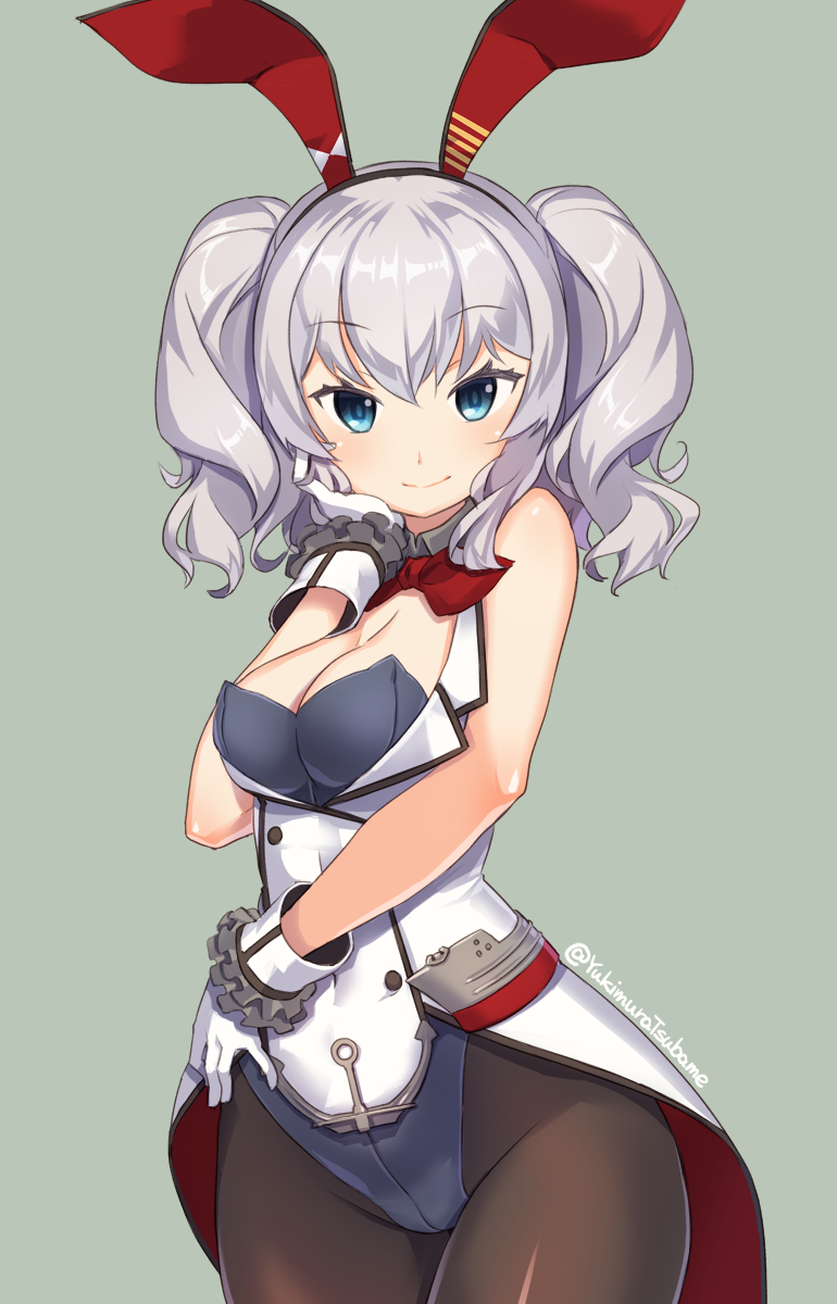 1girl adapted_costume anchor animal_ears bangs black_legwear blue_eyes blush breasts bunnysuit cleavage commentary_request eyebrows_visible_through_hair fake_animal_ears gloves hair_between_eyes hand_on_own_cheek highres kantai_collection kashima_(kantai_collection) large_breasts leotard looking_at_viewer pantyhose rabbit_ears silver_hair simple_background sleeveless smile solo standing twintails twitter_username wavy_hair white_gloves wrist_cuffs yukimura_tsubame