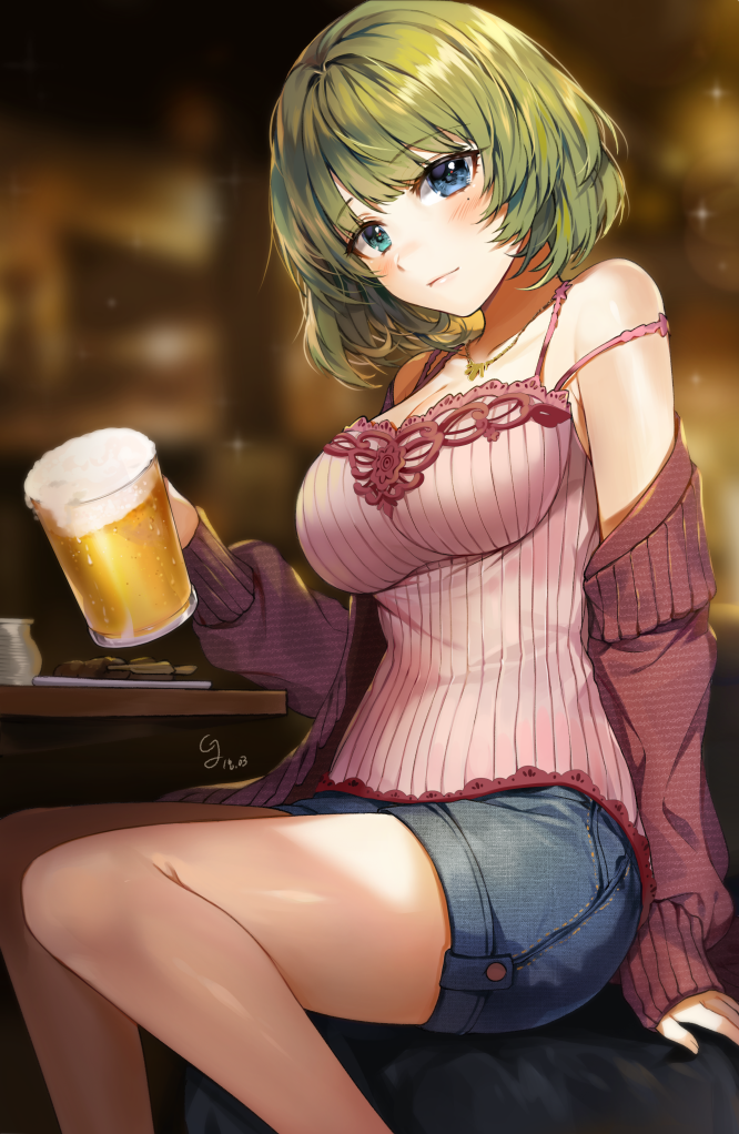 1girl alcohol arm_at_side backlighting bangs bare_shoulders beer beer_mug blue_eyes blurry blurry_background blush breasts camisole cleavage closed_mouth collarbone cup dated denim denim_shorts eyebrows_visible_through_hair feet_out_of_frame foam food gijang green_eyes green_hair heterochromia holding idolmaster idolmaster_cinderella_girls jewelry large_breasts lens_flare long_sleeves looking_at_viewer mole mole_under_eye necklace off_shoulder open_clothes plate shiny shiny_skin short_hair short_shorts shorts signature sitting sleeves_past_wrists smile solo strap_slip table takagaki_kaede