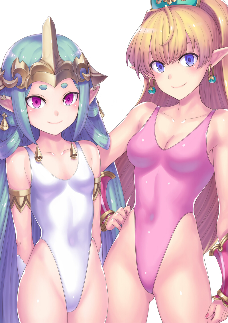 2girls ahoge arm_at_side arm_guards armlet arms_behind_back bangs blonde_hair blue_hair blush breasts closed_mouth collar competition_swimsuit copyright_request covered_navel cowboy_shot earrings gluteal_fold hai_(h81908190) hand_on_hip headpiece highleg highleg_swimsuit jewelry long_hair looking_at_viewer medium_hair multicolored_hair multiple_girls nail_polish one-piece_swimsuit pink_eyes pink_hair pink_nails pink_swimsuit pointy_ears ringed_eyes shiny shiny_hair shiny_skin sidelocks skin_tight small_breasts smile standing straight_hair swimsuit thighs two-tone_hair very_long_hair violet_eyes white_swimsuit