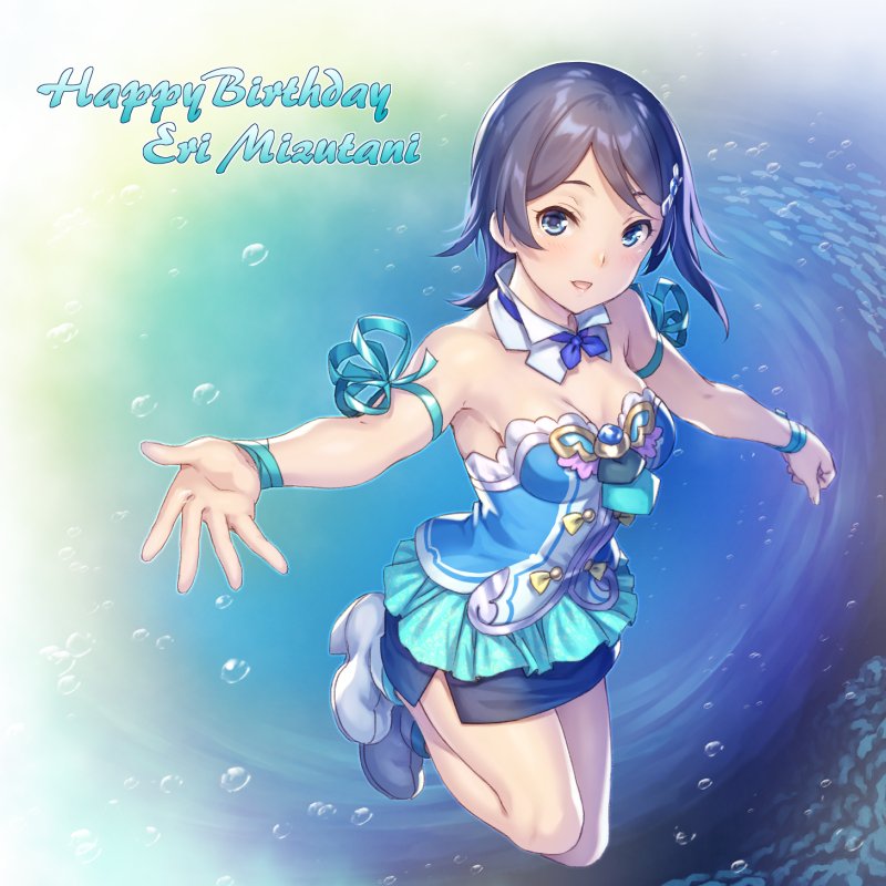 1girl arm_ribbon armpits bare_shoulders birthday blue_dress blue_eyes blue_hair blue_ribbon blue_skirt collar commentary dress english hair_ornament happy_birthday idol_clothes idolmaster idolmaster_dearly_stars looking_at_viewer medium_hair miniskirt mizutani_eri nanaran open_mouth ribbon shoes skirt smile solo water white_footwear wrist_ribbon