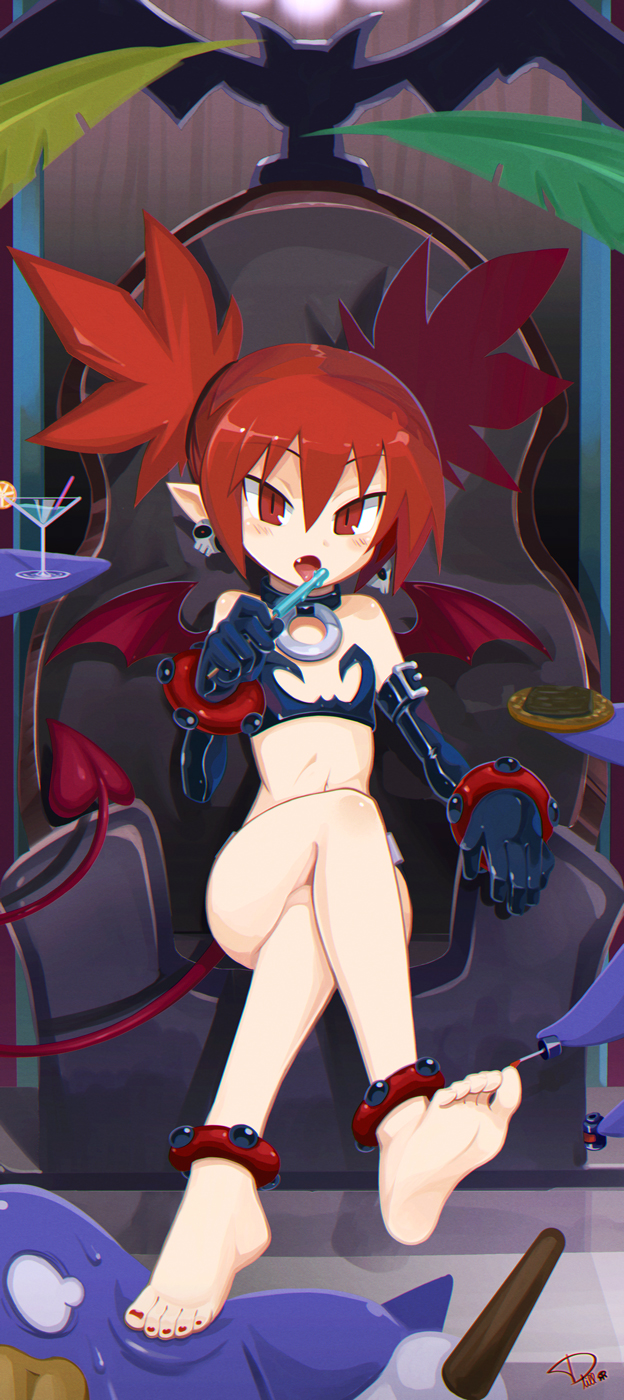 anklet barefoot black_gloves bracelet choker cocktail_glass cup demon_girl demon_tail demon_wings disgaea draw-till-death drinking_glass drinking_straw earrings elbow_gloves etna fangs feet flat_chest food gloves highres jewelry legs_crossed makai_senki_disgaea miniskirt nail_polish navel painting_nails palm_leaf pointy_ears popsicle prinny red_eyes redhead shiny shiny_skin sitting skirt skull_earrings soles stepped_on stomach tail throne toenail_polish toes tray twintails wings