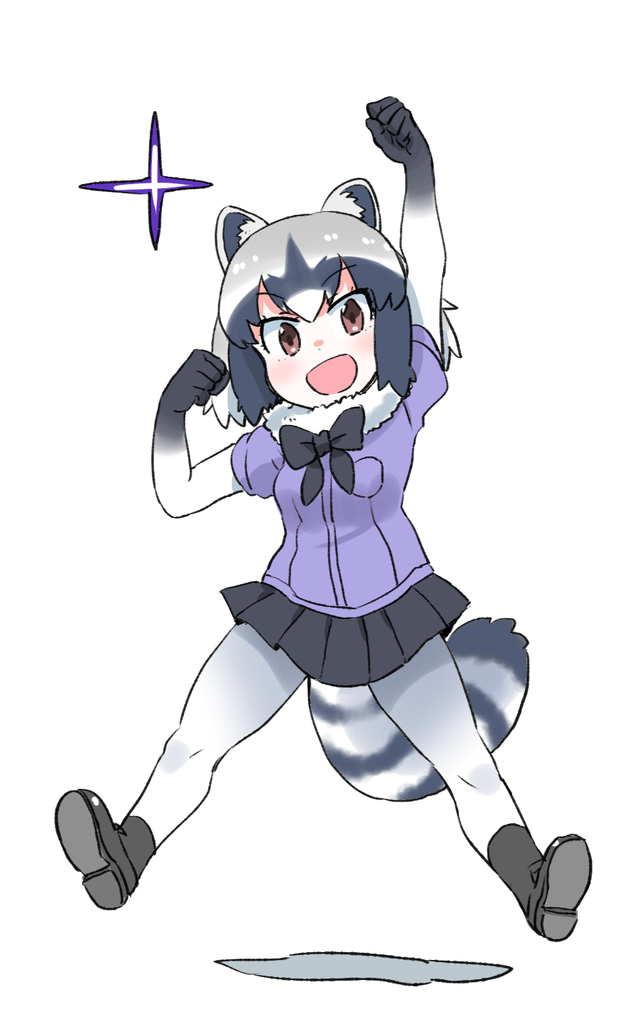 1girl animal_ears bow bowtie breast_pocket clenched_hand common_raccoon_(kemono_friends) eyebrows_visible_through_hair gloves hand_up highres jumping kemono_friends multicolored_hair open_mouth pantyhose pleated_skirt pocket puffy_short_sleeves puffy_sleeves raccoon_ears raccoon_tail short_hair short_sleeves skirt solo star tail white_background zk_(zk_gundan)