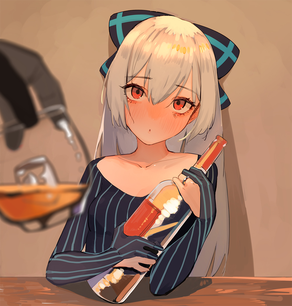 1girl :o alcohol bangs blush bottle bow collarbone commentary cup drunk eyebrows_visible_through_hair girls_frontline gloves hair_between_eyes hair_bow head_tilt holding holding_bottle holding_cup ice ice_cube jewelry juz long_hair long_sleeves looking_at_viewer partly_fingerless_gloves red_eyes ring shirt solo_focus striped table tearing_up tears tokarev_(girls_frontline) upper_body vertical_stripes wedding_band white_hair