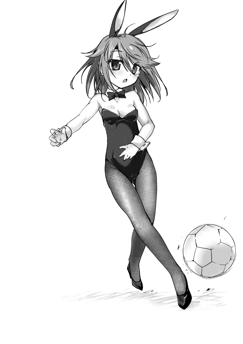 1girl :o ahoge animal_ears ball bare_shoulders blush bow bowtie breasts bunny_girl bunnysuit cleavage covered_navel detached_collar eyebrows_visible_through_hair full_body gluteal_fold greyscale hair_between_eyes high_heels idolmaster idolmaster_cinderella_girls isshitaira kicking leotard monochrome open_mouth pantyhose rabbit_ears simple_background small_breasts soccer soccer_ball solo strapless strapless_leotard thigh_gap white_background wrist_cuffs yuuki_haru