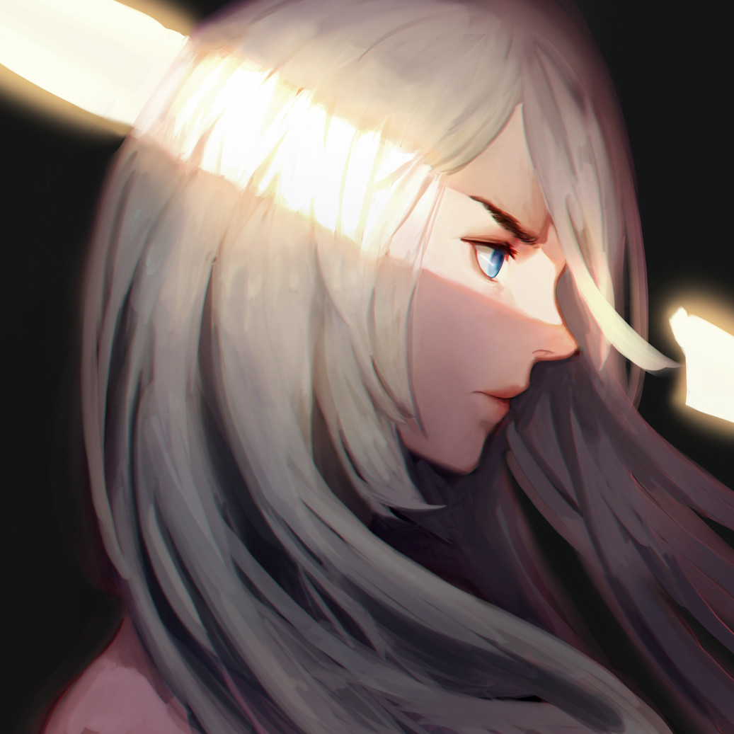 blue_eyes close-up from_side light_rays long_hair looking_down nier_(series) nier_automata pink_lips shadow silver_hair stellarien sunbeam sunlight tank_top yorha_type_a_no._2