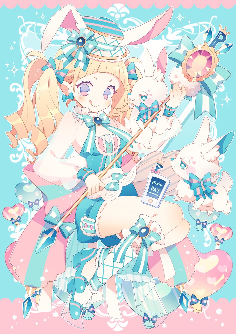 1girl animal animal_ears blonde_hair blue_background blue_eyes blush bow full_body hat hat_bow heart highres kneehighs licking_lips long_hair long_sleeves looking_at_viewer original pink_eyes pixiv smile striped striped_bow tongue tongue_out twintails wakanagi_eku wand white_legwear