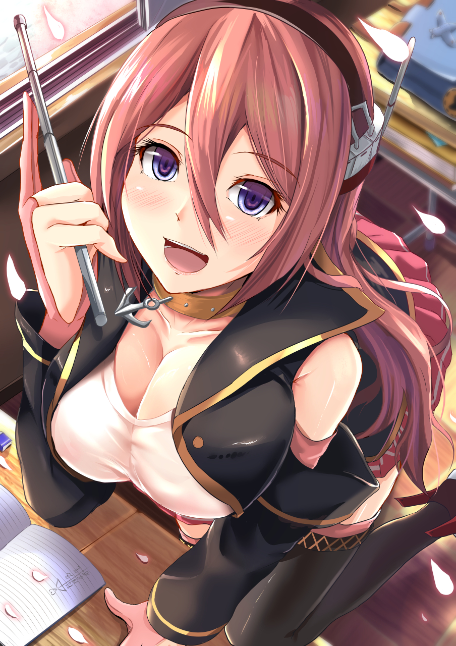 1girl azur_lane bare_shoulders blue_eyes blush breasts choker cleavage collarbone commentary_request detached_sleeves eyebrows_visible_through_hair gloves hair_between_eyes hairband headset highres holding kanzaki_kureha large_breasts long_hair looking_at_viewer open_mouth partly_fingerless_gloves pink_hair ranger_(azur_lane) shirt solo