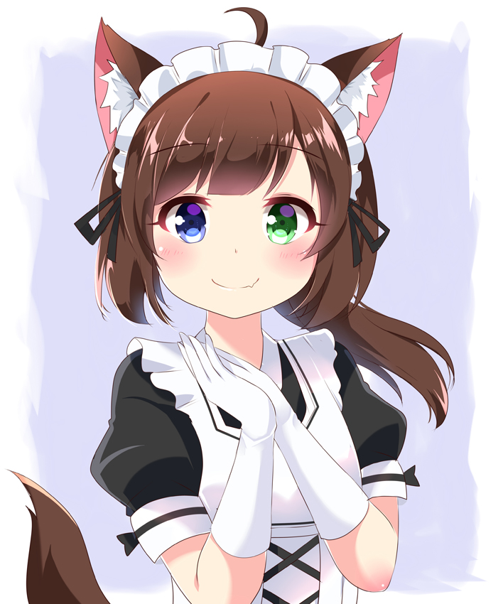 1girl agung_syaeful_anwar ahoge animal_ears apron black_dress black_ribbon blue_eyes blush brown_hair closed_mouth commentary dog_ears dog_girl dog_tail dress elbow_gloves fang fang_out gloves green_eyes hands_up heterochromia long_hair looking_at_viewer low_ponytail maid maid_apron maid_headdress original own_hands_together ponytail puffy_short_sleeves puffy_sleeves ribbon short_sleeves sidelocks smile solo tail upper_body white_apron white_gloves